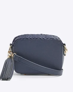 River Island Navy Geometric Woven Cross Body Bag Blue New