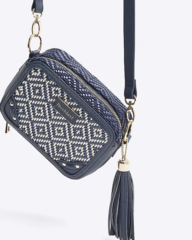 River Island Navy Geometric Woven Cross Body Bag Blue New