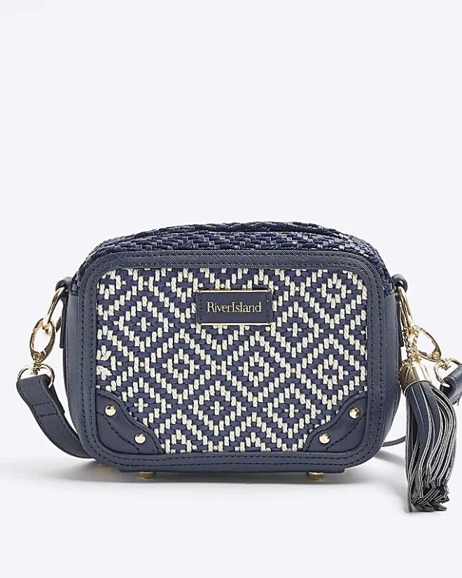River Island Navy Geometric Woven Cross Body Bag Blue New