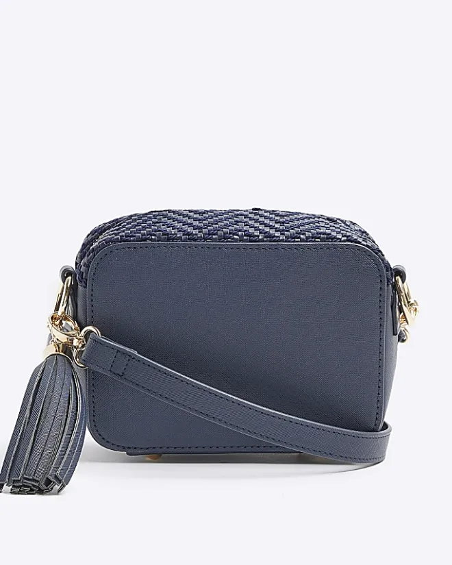River Island Navy Geometric Woven Cross Body Bag Blue New