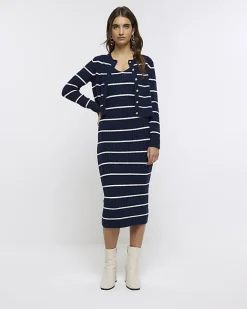 River Island Navy knit stripe bodycon midi dress set Blue Outlet