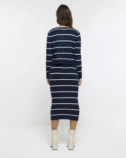 River Island Navy knit stripe bodycon midi dress set Blue Outlet