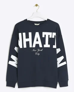 River Island Navy Manhattan graphic sweatshirt Blue Hot