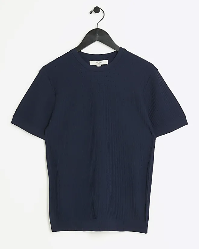 River Island muscle fit brick knit t-shirt Navy Clearance