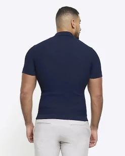 River Island muscle fit knitted half zip polo Navy Discount