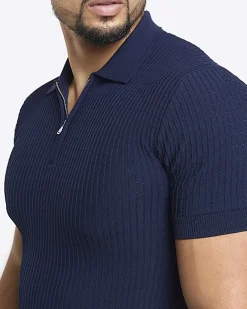River Island muscle fit knitted half zip polo Navy Discount