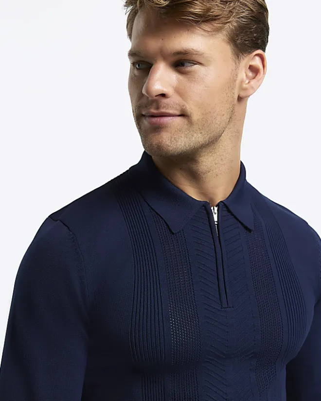 River Island muscle textured knit long sleeve polo Navy New