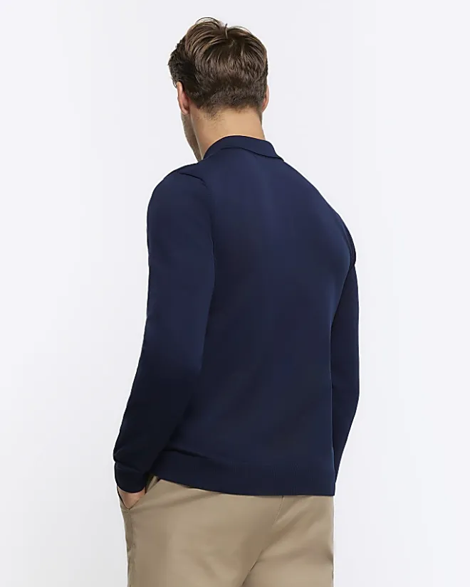 River Island muscle textured knit long sleeve polo Navy New
