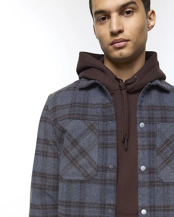 River Island regular fit check overshirt Navy Online
