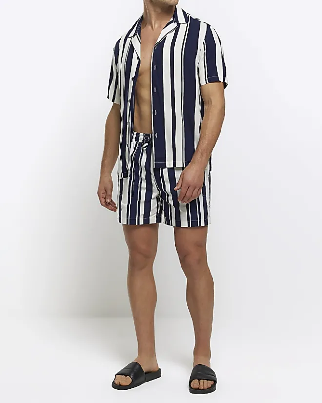 River Island regular fit stripe swim shorts Navy Clearance