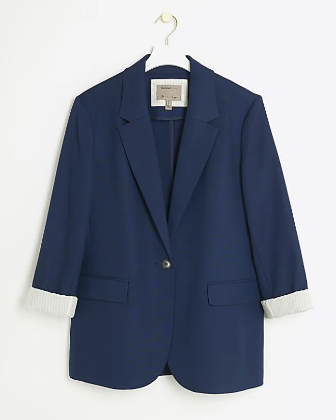 River Island Navy rolled sleeve relaxed blazer Blue Sale