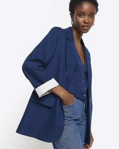 River Island Navy rolled sleeve relaxed blazer Blue Sale
