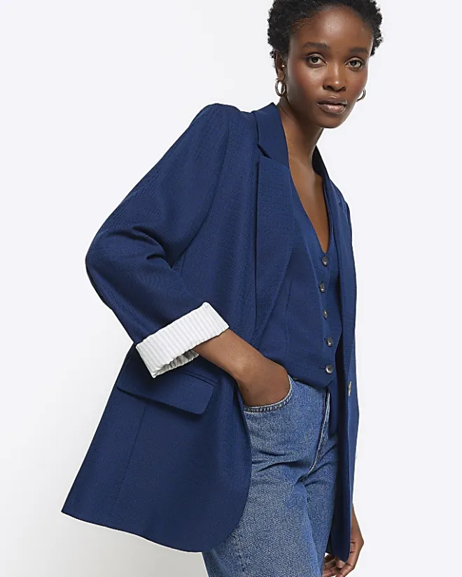 River Island Navy rolled sleeve relaxed blazer Blue Sale