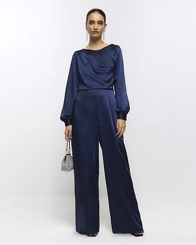 River Island Navy satin open back jumpsuit Blue Online