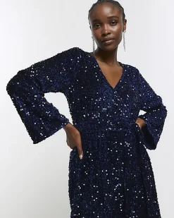 River Island Navy sequin tie waist shift mini dress Blue Discount