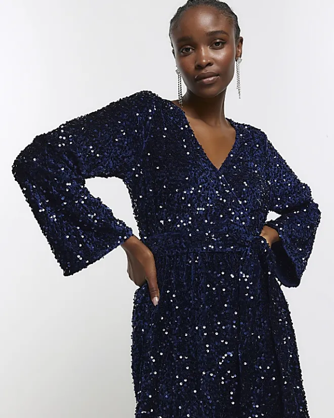 River Island Navy sequin tie waist shift mini dress Blue Discount