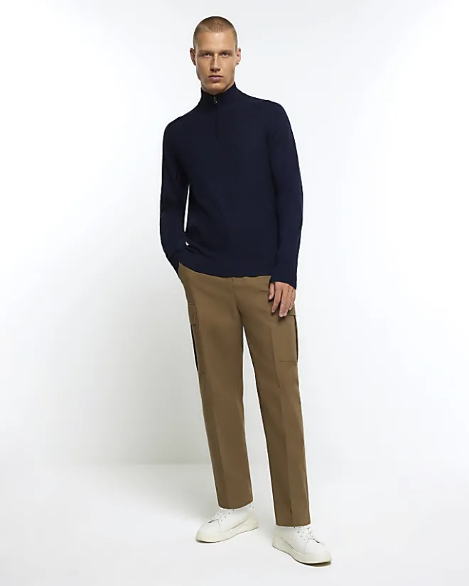 River Island slim fit diagonal half zip jumper Navy New