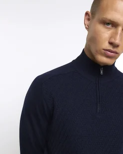 River Island slim fit diagonal half zip jumper Navy New