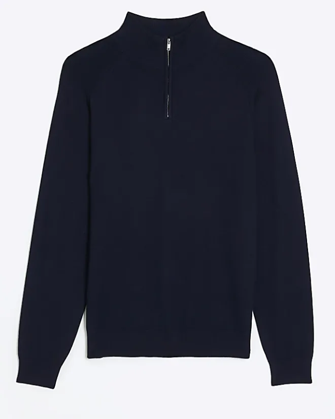 River Island slim fit half zip jumper Navy Discount