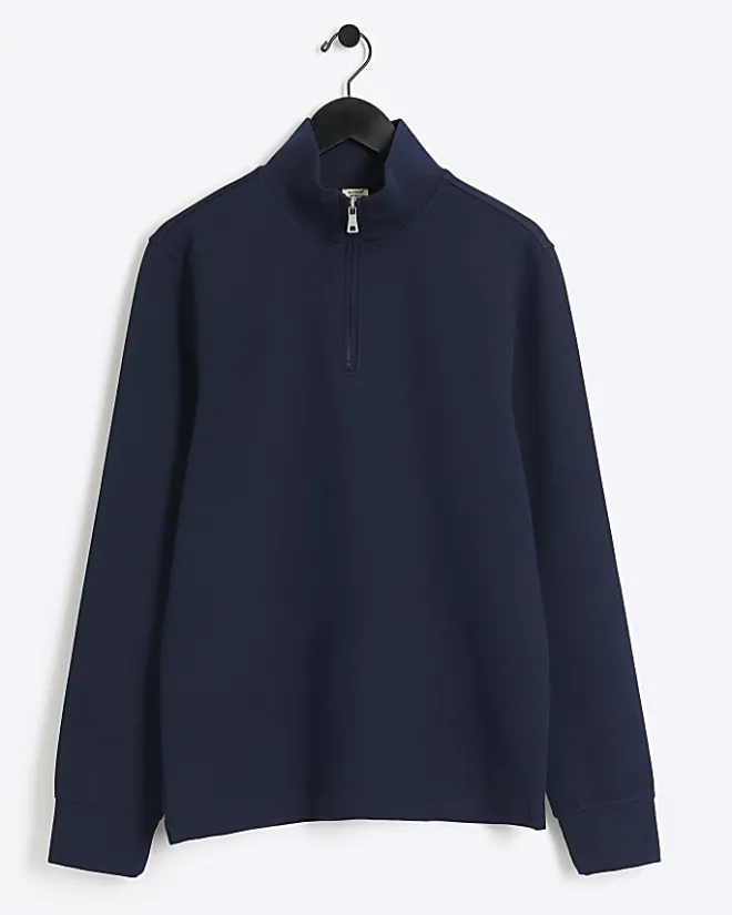 River Island slim fit textured funnel sweatshirt Navy Best