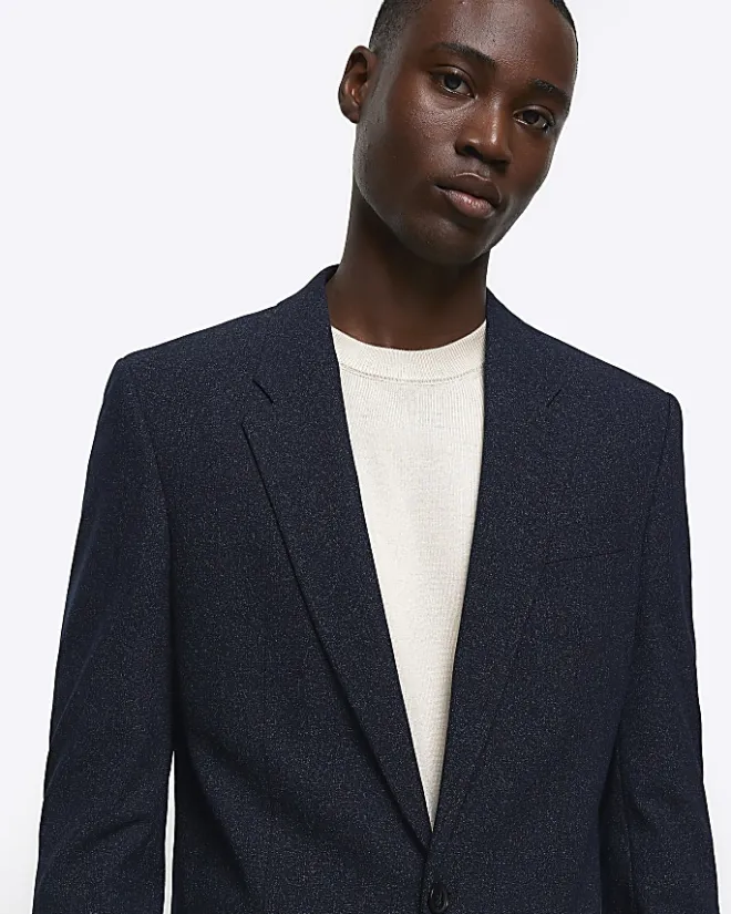 River Island slim fit textured suit jacket Navy Sale