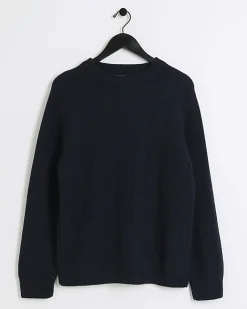 River Island slim fit wool blend crew jumper Navy Clearance