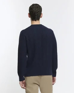 River Island slim fit wool blend crew jumper Navy Clearance