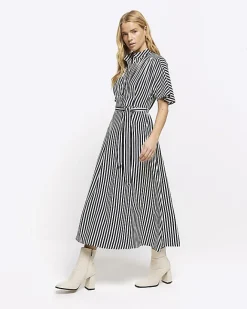 River Island Navy stripe belted midi shirt dress Blue Outlet