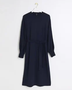 River Island Navy tie waist sweatshirt midi dress Blue Clearance