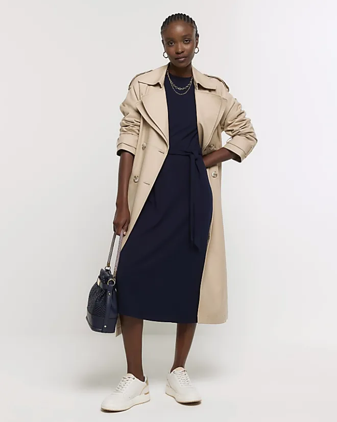 River Island Navy tie waist sweatshirt midi dress Blue Clearance