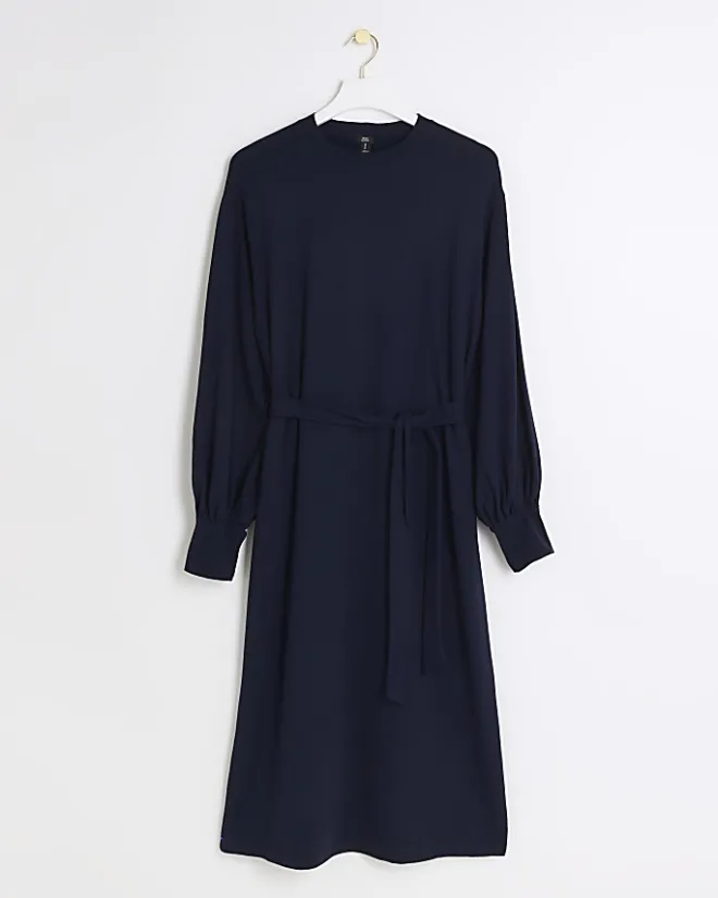River Island Navy tie waist sweatshirt midi dress Blue Clearance