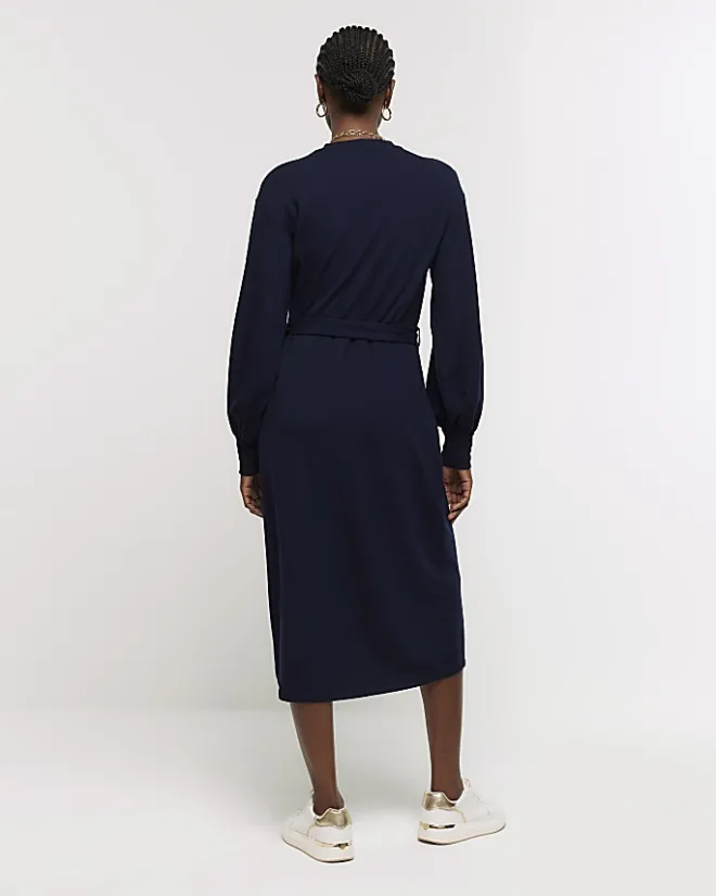 River Island Navy tie waist sweatshirt midi dress Blue Clearance
