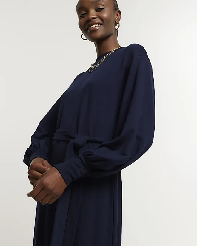 River Island Navy tie waist sweatshirt midi dress Blue Clearance