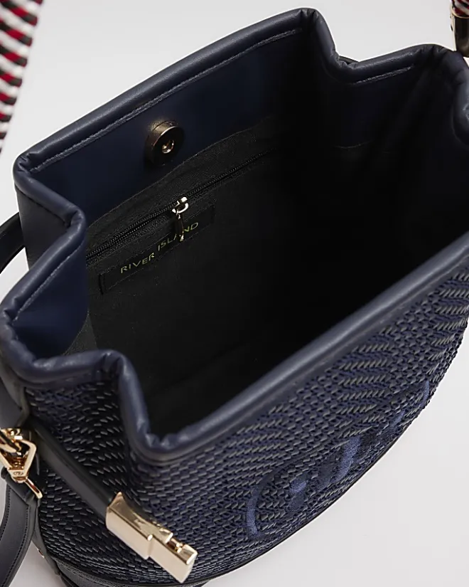 River Island Navy weave embroidered bucket cross body bag Blue Hot