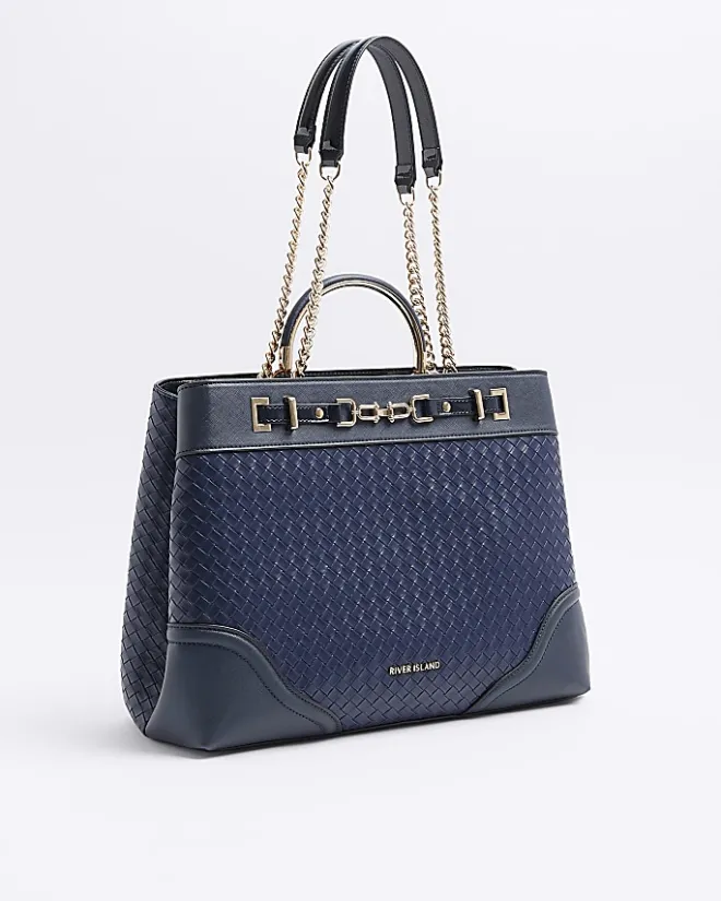 River Island Navy woven chain tote bag Blue Clearance