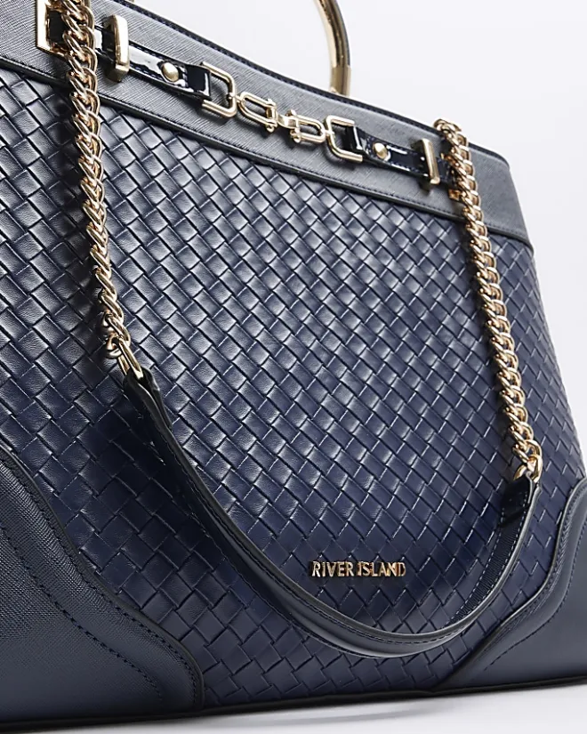 River Island Navy woven chain tote bag Blue Clearance