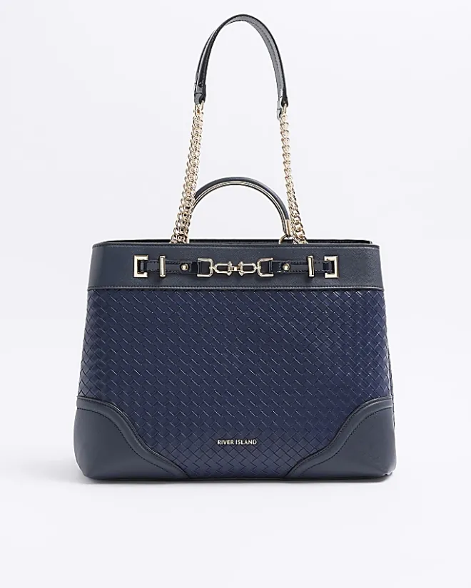 River Island Navy woven chain tote bag Blue Clearance
