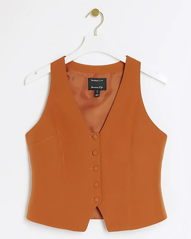 River Island Button Front Waistcoat Orange Clearance