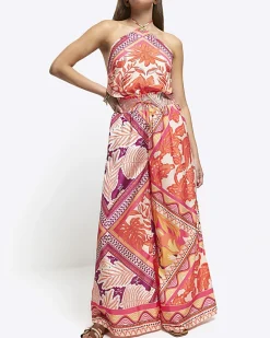 River Island floral wide leg trousers Orange Sale