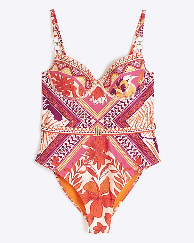 River Island scarf print balconette swimsuit Orange Best