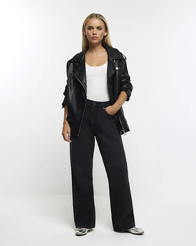 River Island Petite faux leather oversized jacket Black Clearance