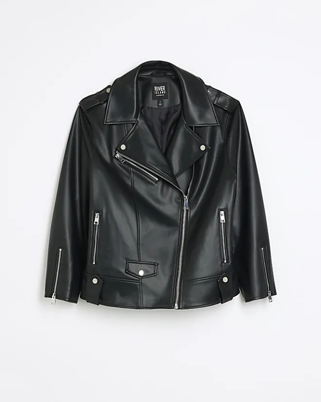River Island Petite faux leather oversized jacket Black Clearance