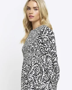 River Island Petite floral shirred swing mini dress Black New