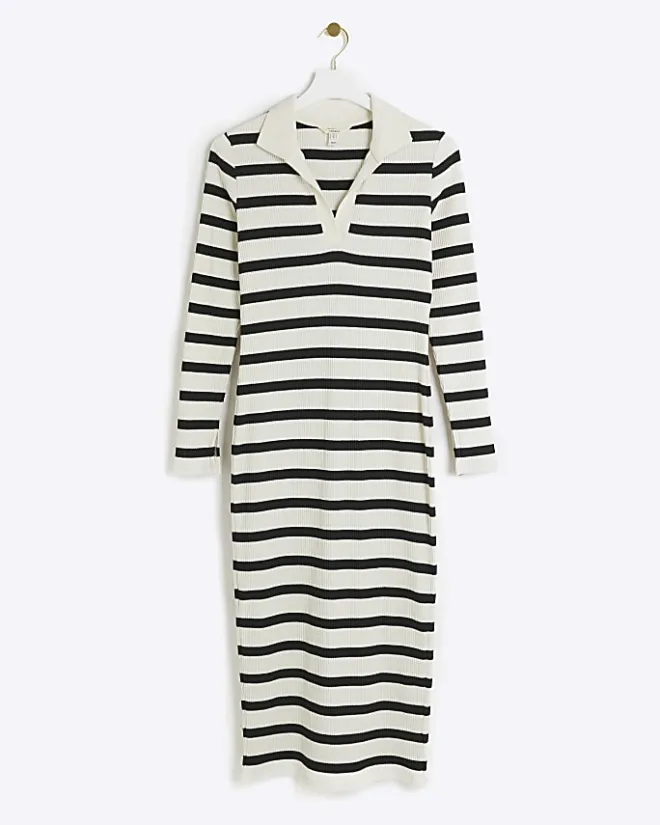 River Island Petite rib stripe bodycon midi dress Black Clearance