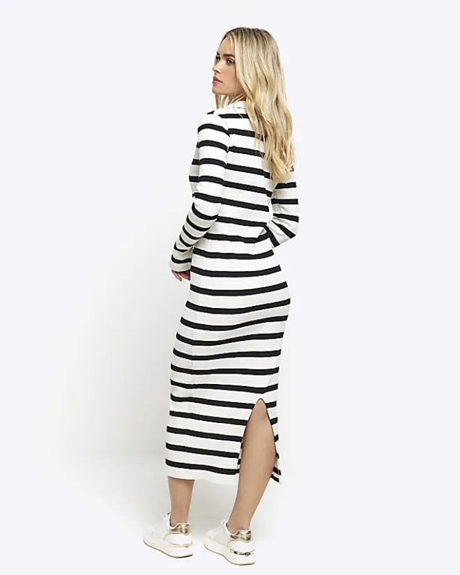 River Island Petite rib stripe bodycon midi dress Black Clearance