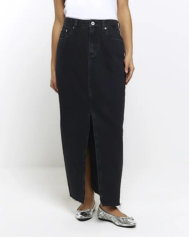 River Island Petite split hem denim maxi skirt Black Discount
