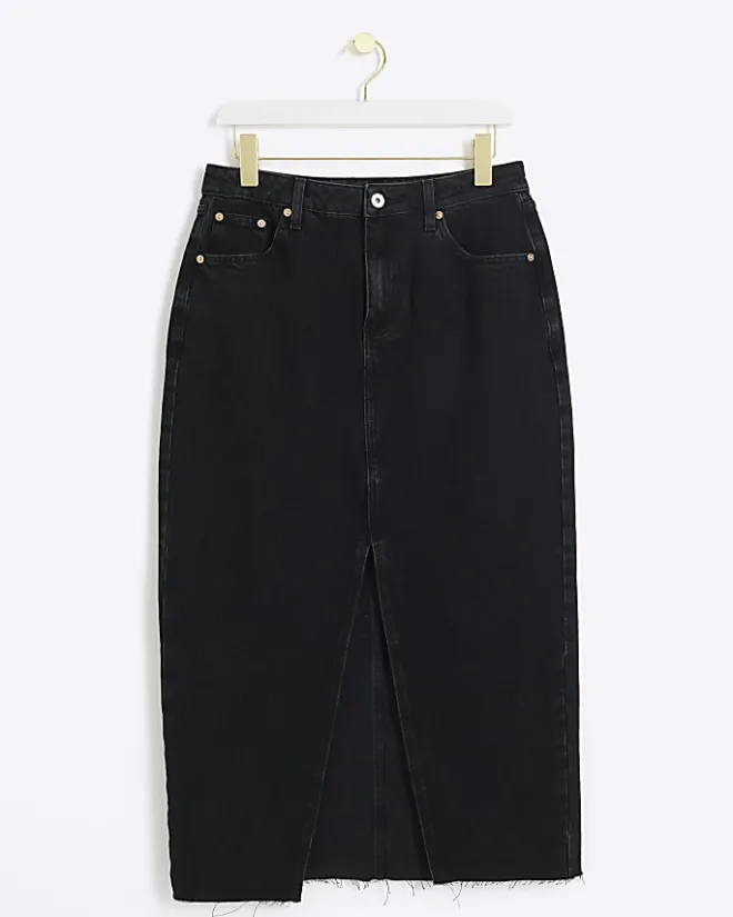 River Island Petite split hem denim maxi skirt Black Discount