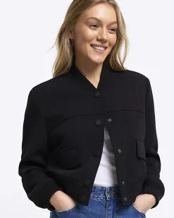 River Island Petite tailored crop bomber jacket Black Fashion