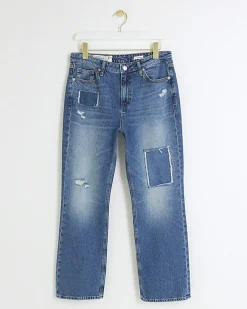 River Island Petite patch stove pipe straight jeans Blue Clearance
