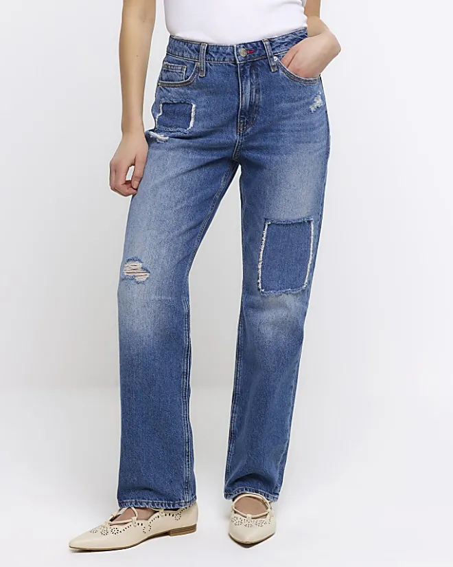 River Island Petite patch stove pipe straight jeans Blue Clearance